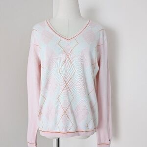 Tommy Hilfiger Argyle Sweater Long Sleeve T-shirt Pastel V-neck Preppy Orange